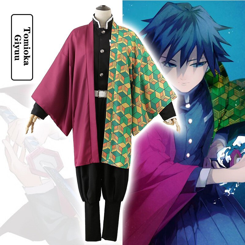 Demon Slayer Kimetsu No Yaiba Cosplay Costume Tomioka Giyuu Kimono Coat+Lining+Pants+Leggings+Belt+Bandage Wigs Socks