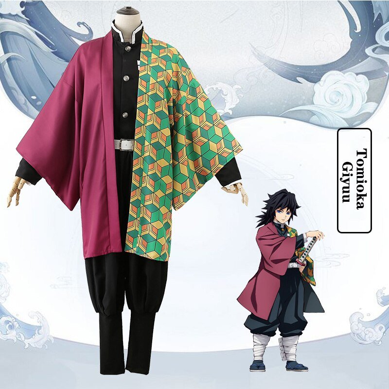 Demon Slayer Kimetsu No Yaiba Cosplay Costume Tomioka Giyuu Kimono Coat+Lining+Pants+Leggings+Belt+Bandage Wigs Socks