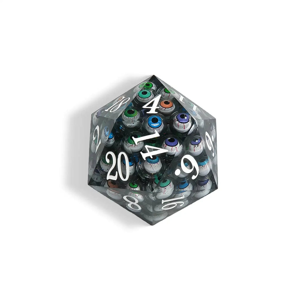Devil's Eye - 80 mm  Liquid Core Resin Extra Large D20 Dice + White Numbers
