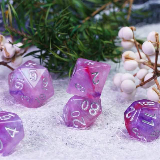 Resin Galaxy Purple 7-Dice Dnd Dice | Glitter w/Silver Numbers Set - 