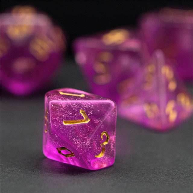 Violet Glitter Party Glitter Dice (Gold font) 7-Dice Set RPG DND - 