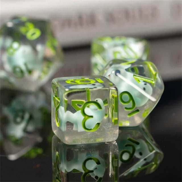 Dinosaur on Glitter 7-Dice Set w/Green Numbers Dnd Dice Set - 