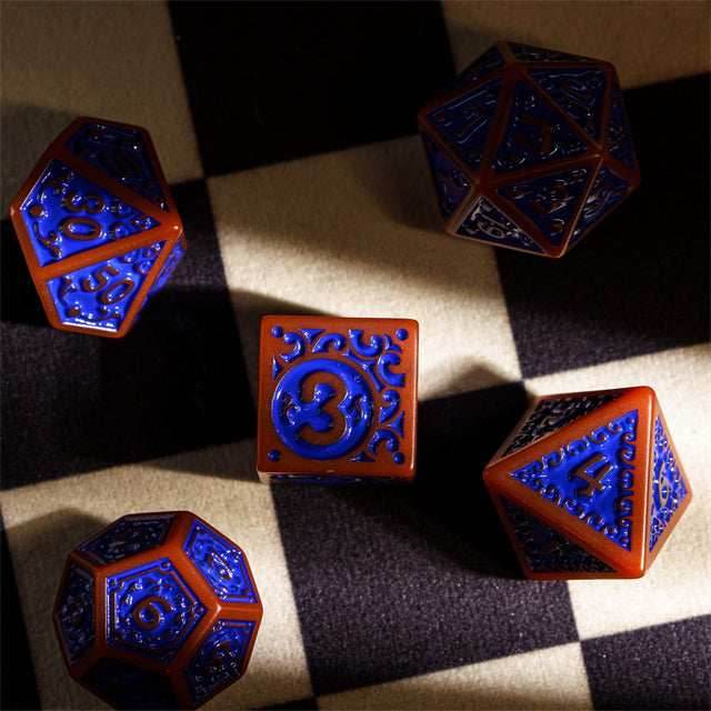 Burnt Orange with Blue Irregular Pattern Fill: 7-Piece Acrylic Dice Set - 