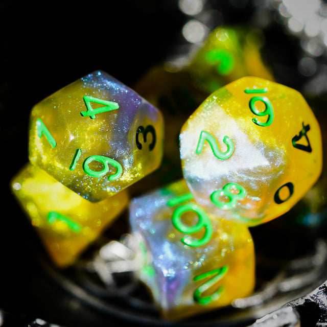Blue & Yellow w/green Galaxy Glitter 7-Dice Set RPG - 