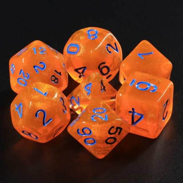 Pumpkin's Orange Glitter with Blue Numbering 7-Dice Set RPG - 
