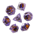 Orange Skull Dice | Clear RPG 7-Dice Set w/ Purple Numbers - 