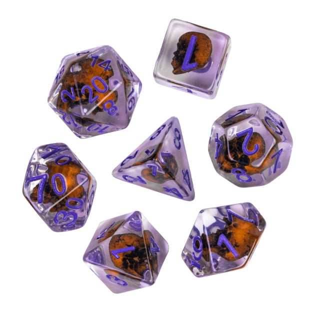 Orange Skull Dice | Clear RPG 7-Dice Set w/ Purple Numbers - 