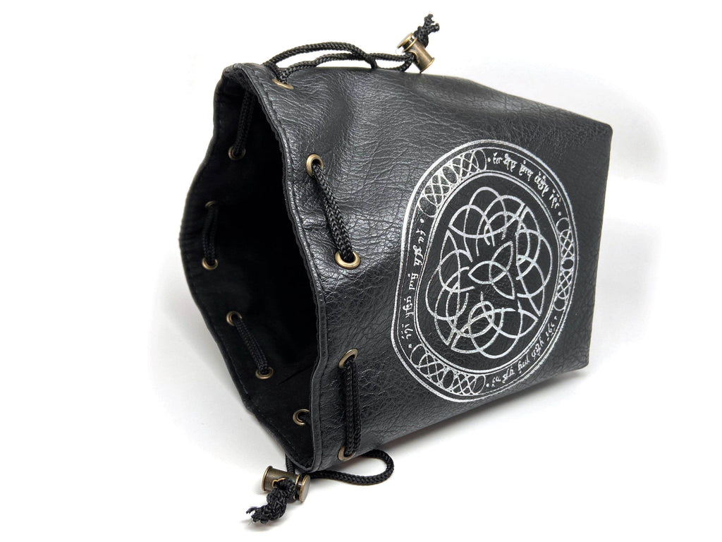 Black Leather Lite Elven Runes Design Self-Standing Large Dice Bag - Role-Players