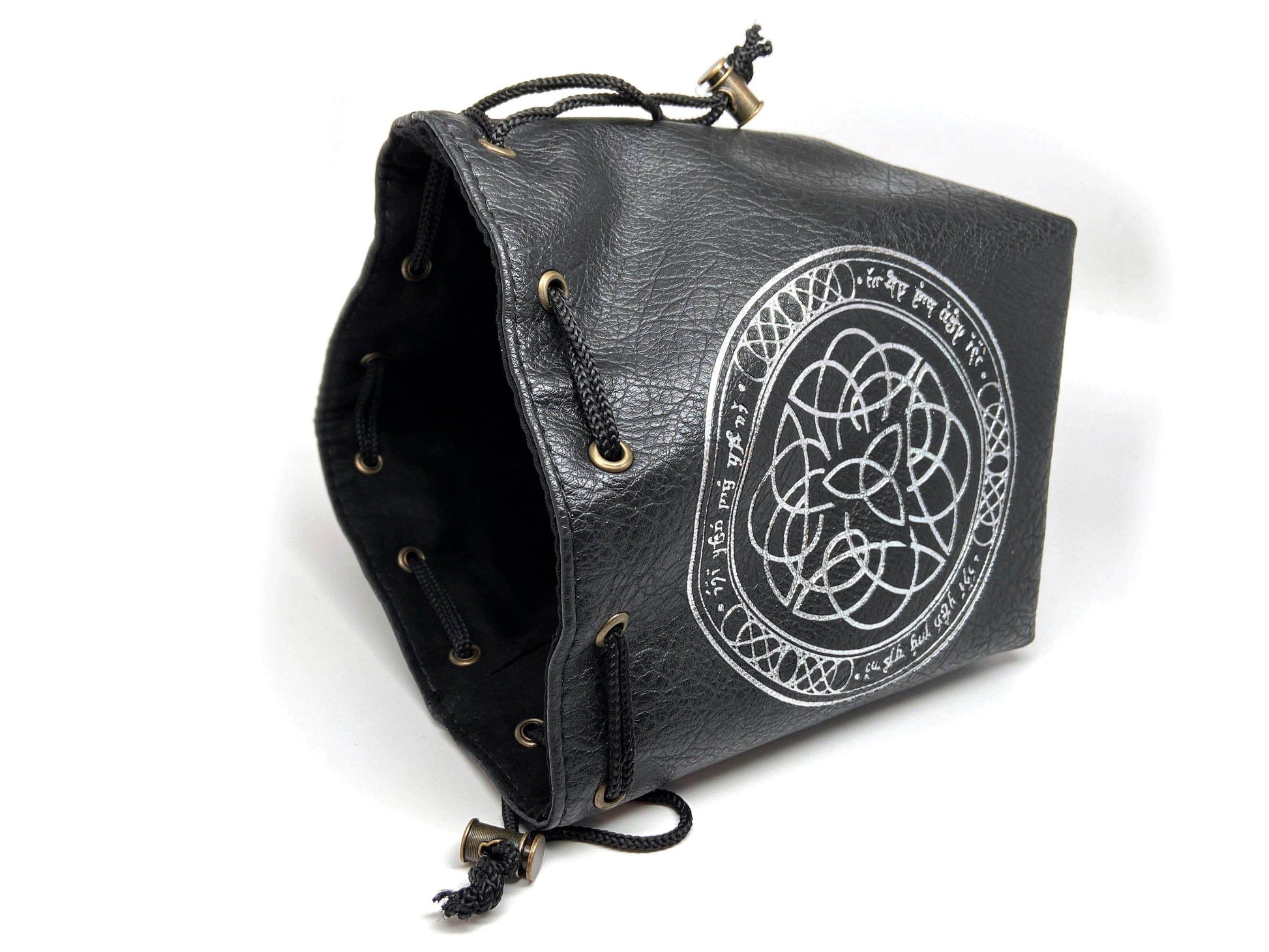 Black Leather Lite Elven Runes Design Self-Standing Large Dice Bag - 