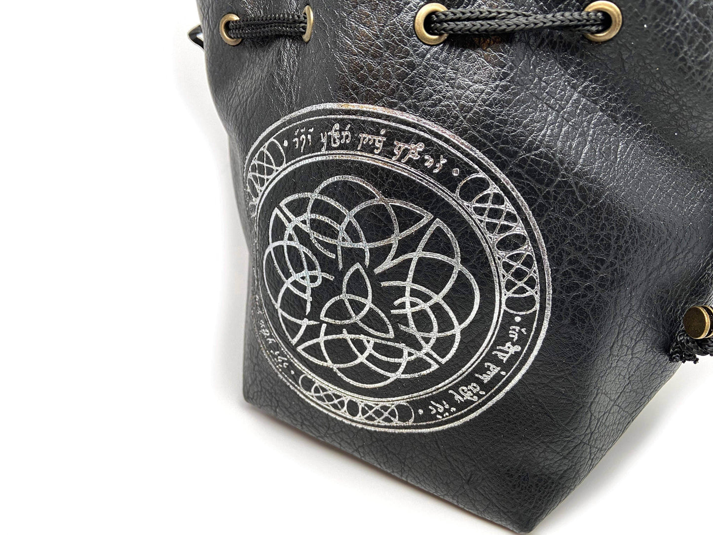 Black Leather Lite Elven Runes Design Self-Standing Large Dice Bag - 