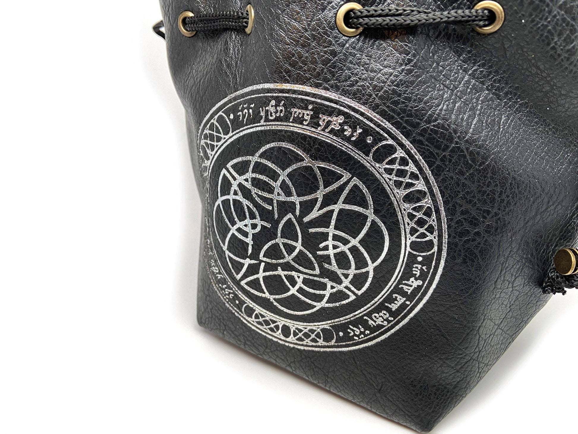 Black Leather Lite Elven Runes Design Self-Standing Large Dice Bag - 