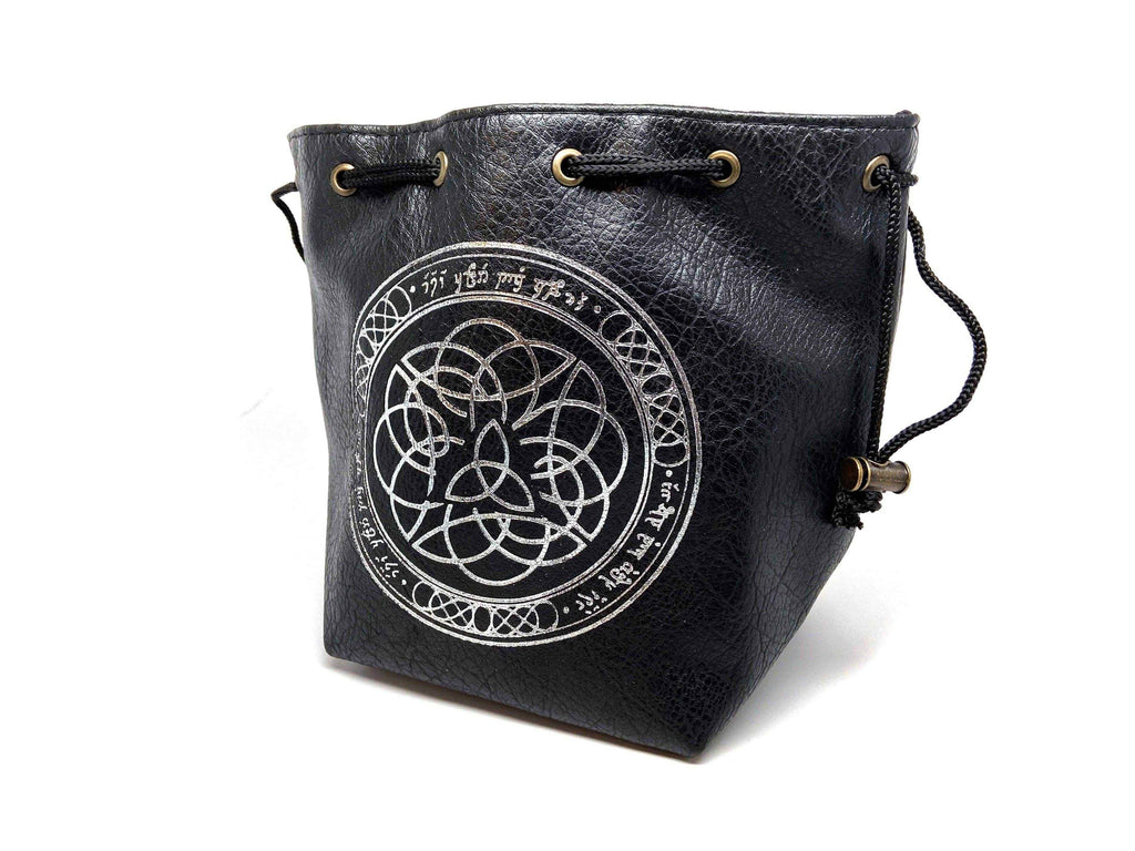 Black Leather Lite Elven Runes Design Self-Standing Large Dice Bag