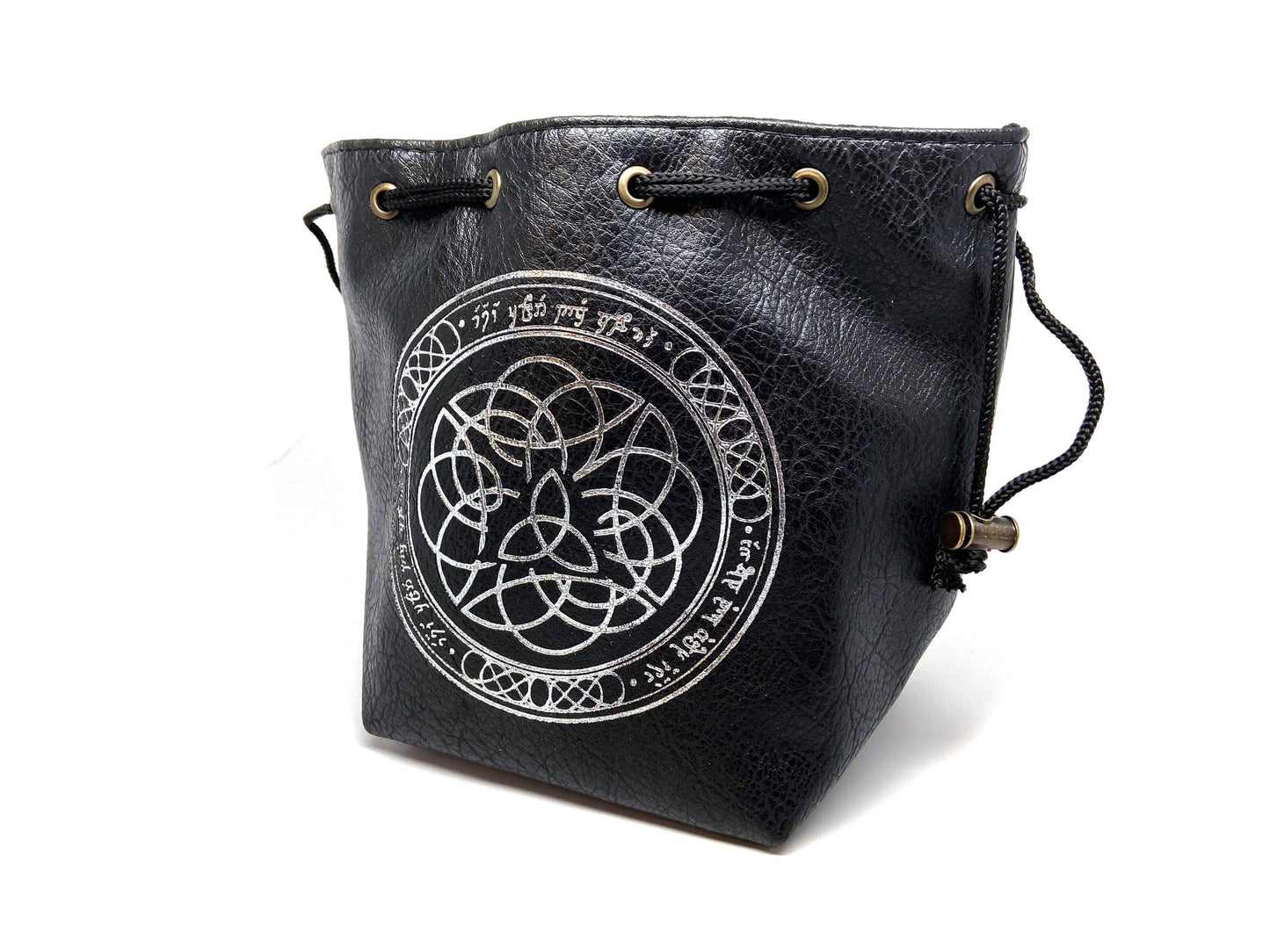Black Leather Lite Elven Runes Design Self-Standing Large Dice Bag - 