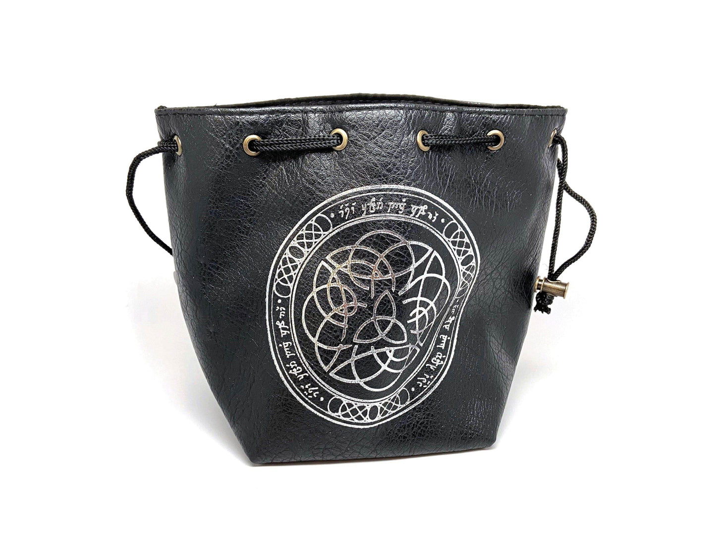 Black Leather Lite Elven Runes Design Self-Standing Large Dice Bag - 