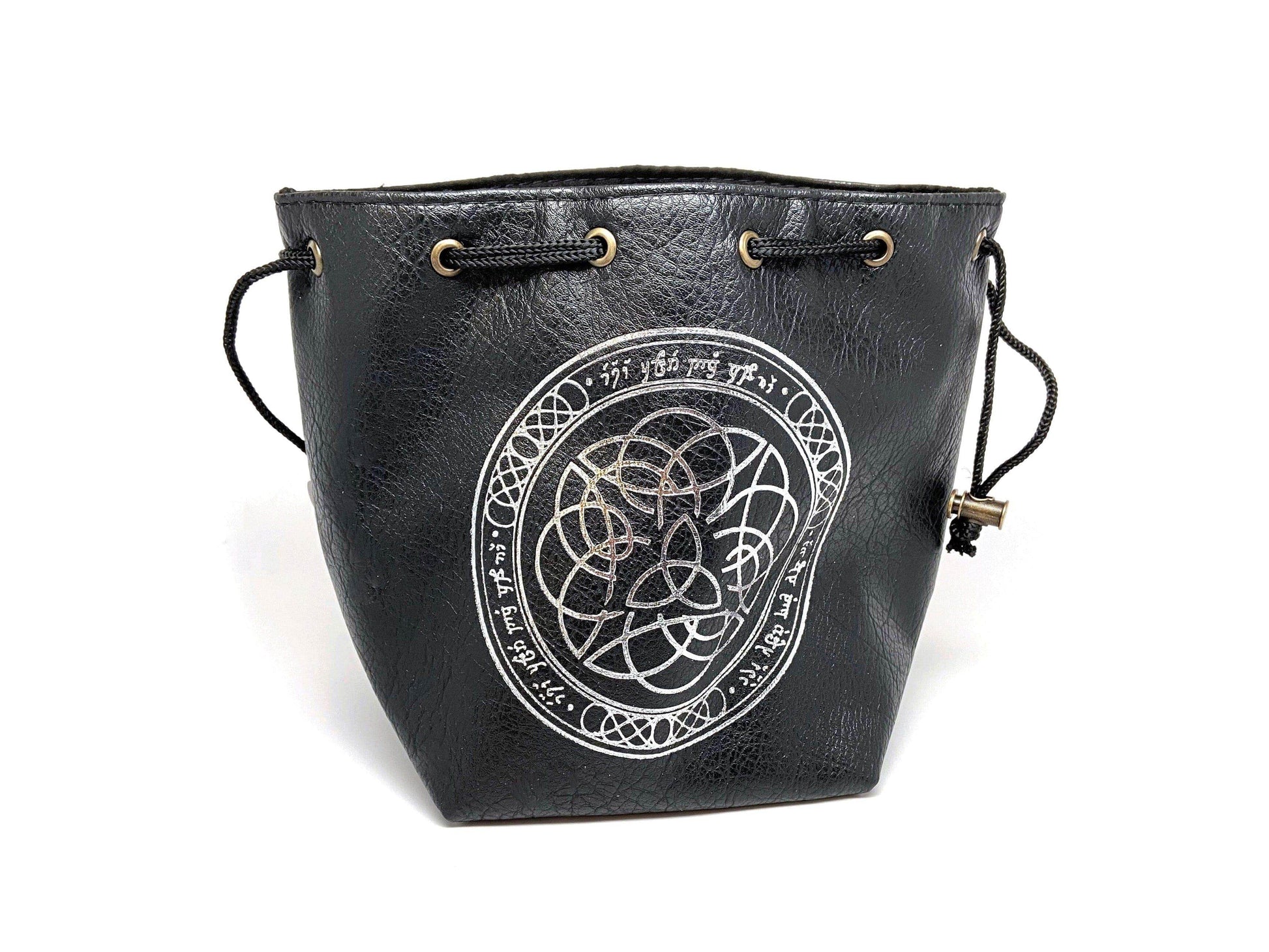 Black Leather Lite Elven Runes Design Self-Standing Large Dice Bag - 