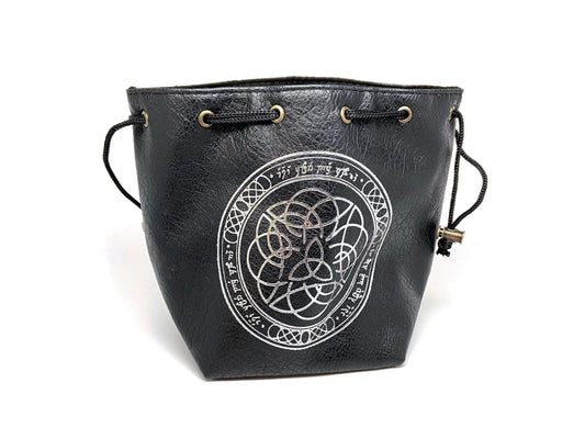 Black Leather Lite Elven Runes Design Self-Standing Large Dice Bag - 