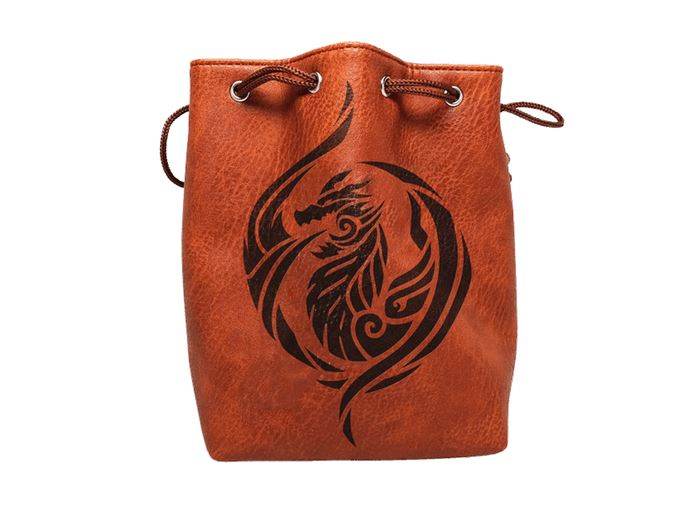 Brown Leather Lite Dragon's Breath Design Self-Standing Large Dice Bag - 