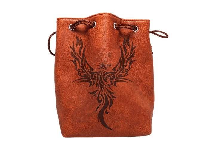 Brown Leather Lite Phoenix Design Self-Standing Large Dice Bag - 