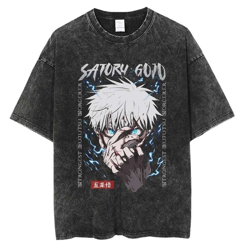 Distressed cotton washed summer retro printed short-sleeved T-shirt anime Gojo Satoru men's and women's short-sleeved shirt