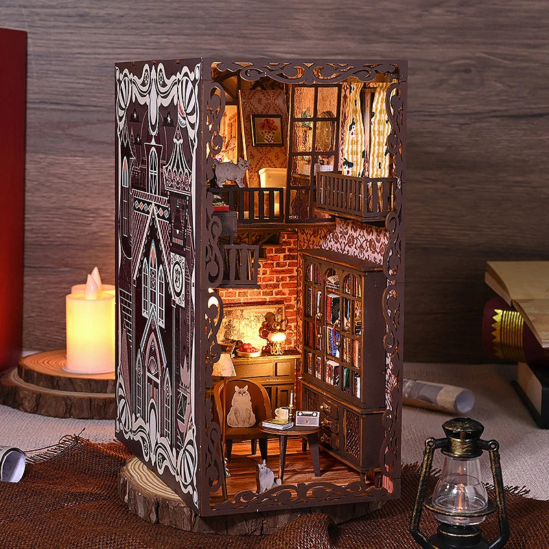 DIY Book Nook Kit Miniature Doll House With LED Light 3D Puzzle Model Building Wooden Bookshelf Bookend Toy Adults Birthday Gift