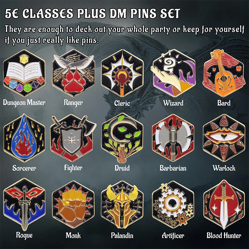 DND 5E Character Class + DM Hard Enamel Pins Set of 15 PCS Tabletop RPG Badges - Nerd Gift or Collection