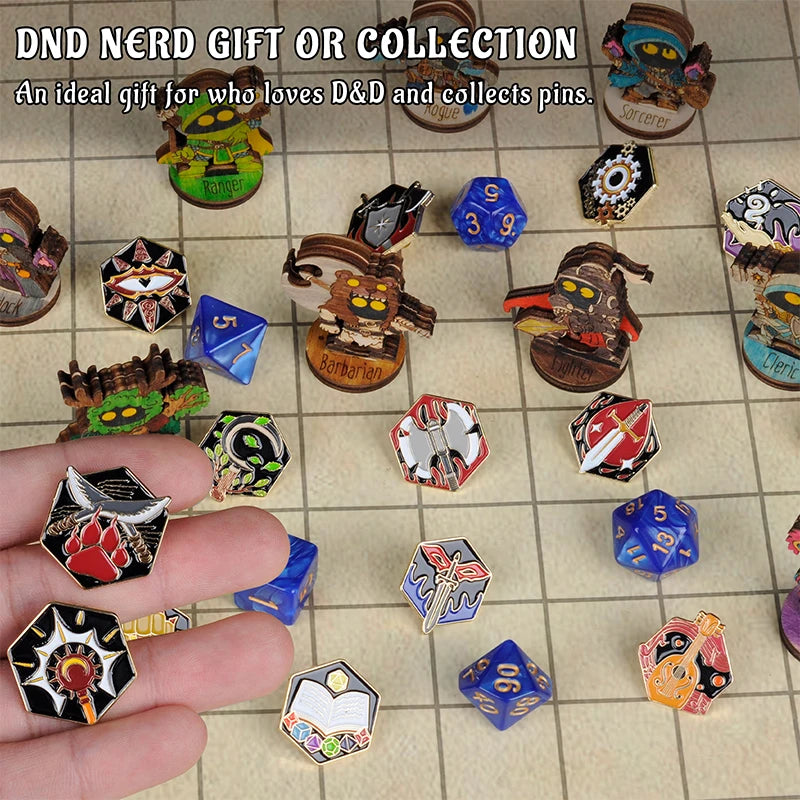 DND 5E Character Class + DM Hard Enamel Pins Set of 15 PCS Tabletop RPG Badges - Nerd Gift or Collection