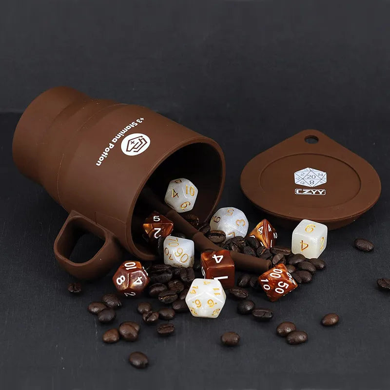 DND Coffee & Sugar Themed Dice Set (14 PCS) with +3 Stamina Potion Silicone Mug, 7 Acrylic Resin Polyhedral Gaming Dice