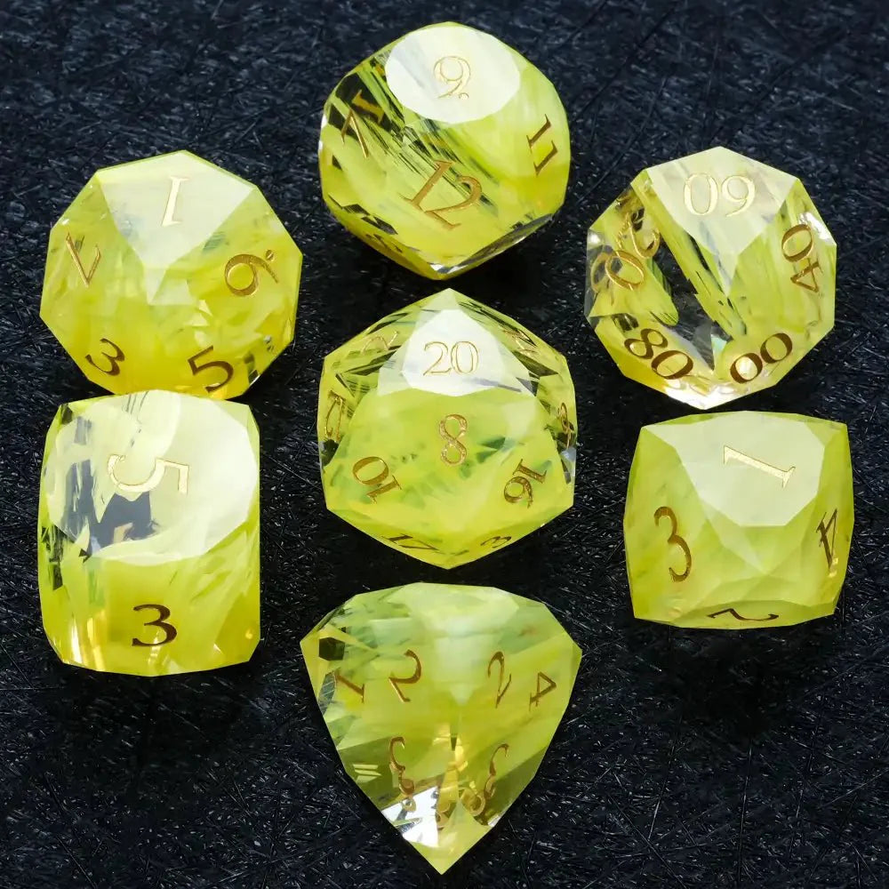 DND Dice | Diamond Cut Yellow-Green Glass Gemstone Dice Set