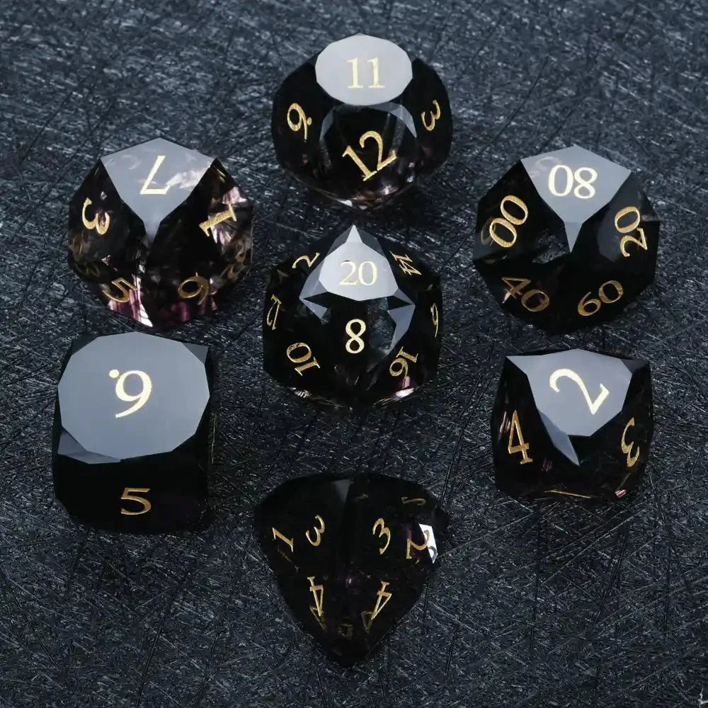 Black Polyhedral Glass DND Dice Set + Gold Numerals