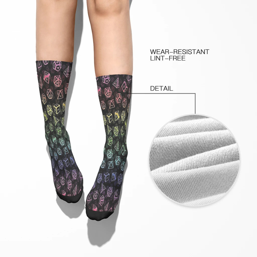 DND Game D20 Dice Set Pattern Rainbow  Straight Socks Male Mens Women Autumn Stockings Polyester Harajuku