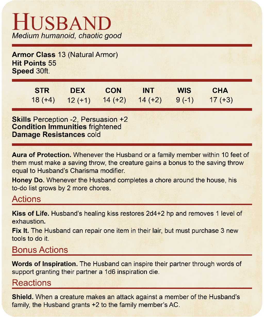 DnD Husband Stat Block T-Shirt - White / S
