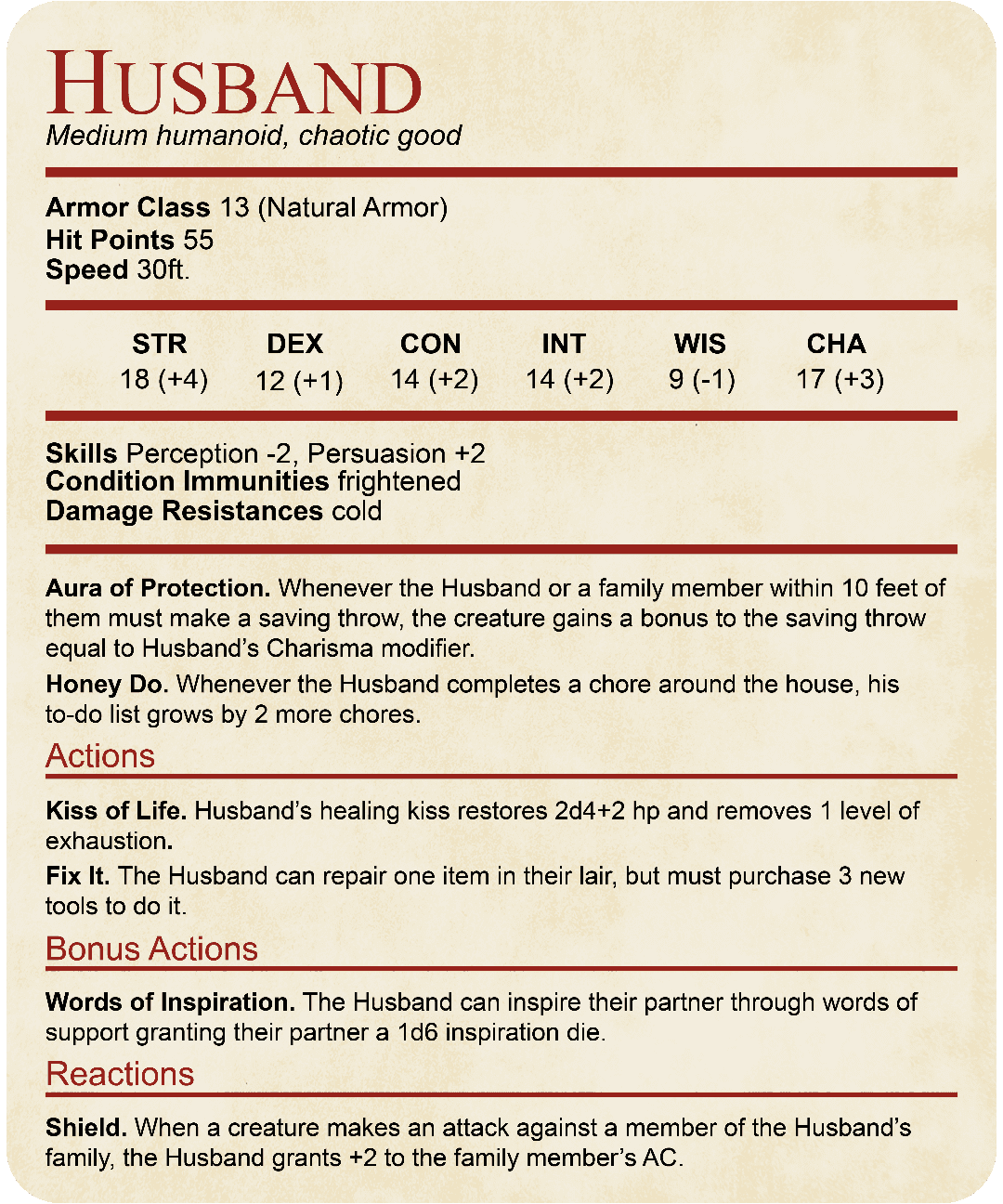 DnD Husband Stat Block T-Shirt - White / S