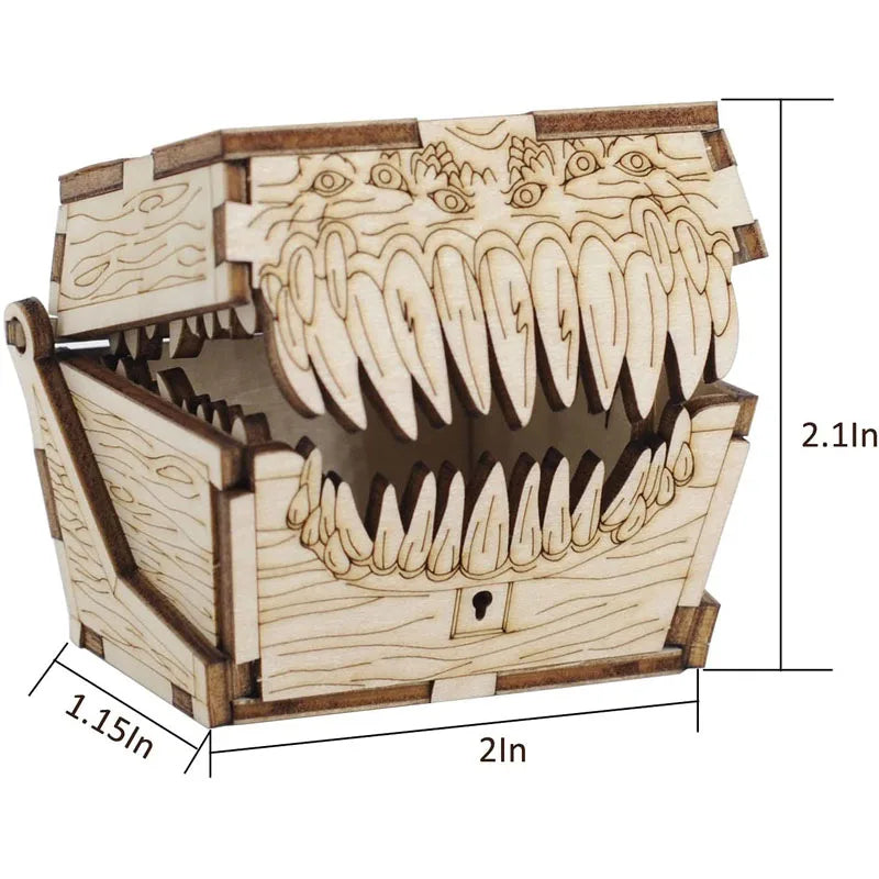 DND Mimic Chest Dice Jail Prison  Wood Laser Cut and Etched Dice Storage Box