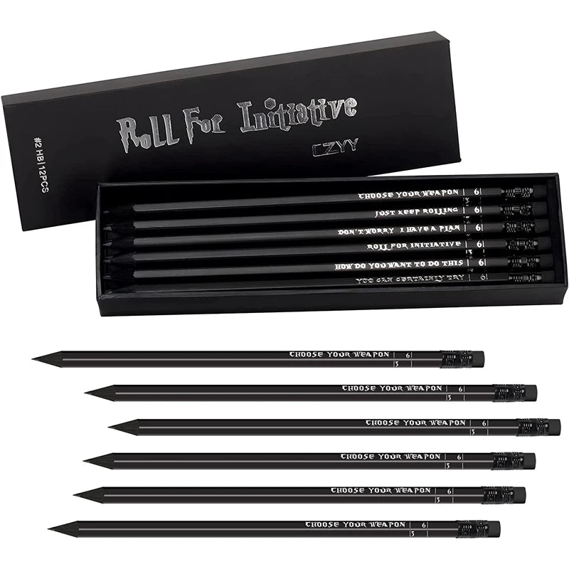 DND Pencils Set of 12 - Silver Foil Stamped with RPG Slogans & D6 Dice Numbers - Hexagon 2HB Tabletop Gaming Pencil with Eraser