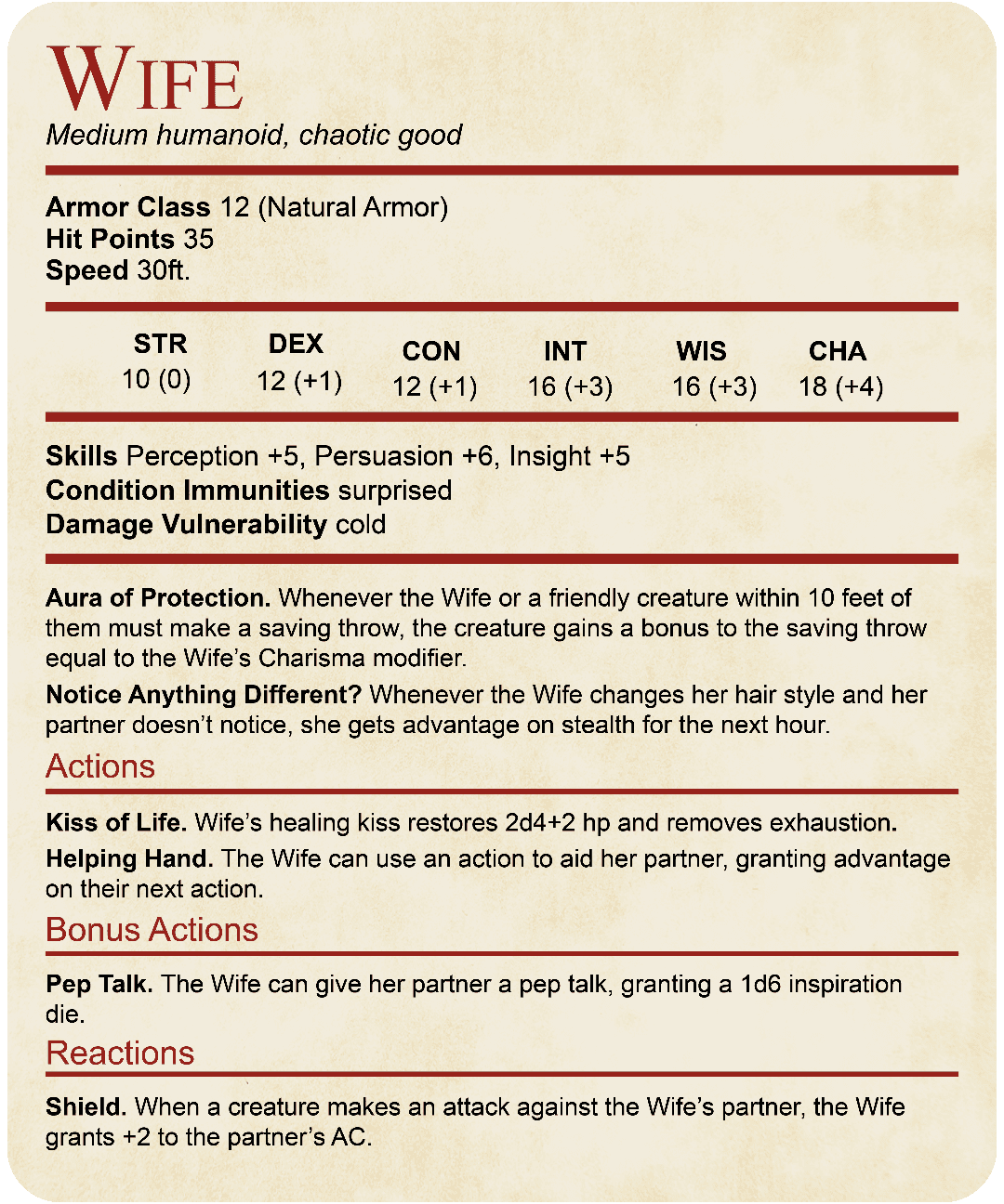 DnD Wife Stat Block T-Shirt - Pink / S