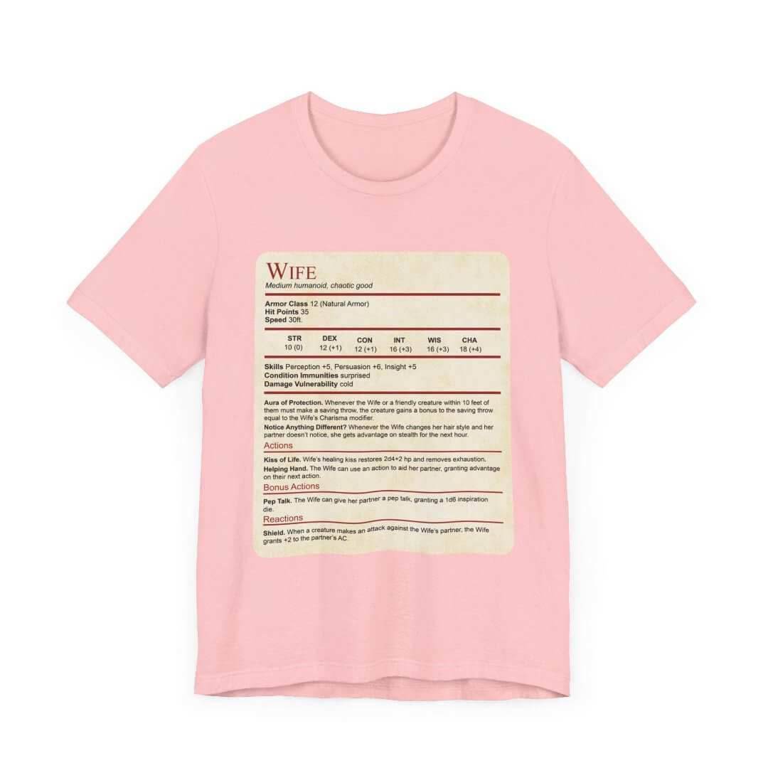 DnD Wife Stat Block T-Shirt - Pink / S