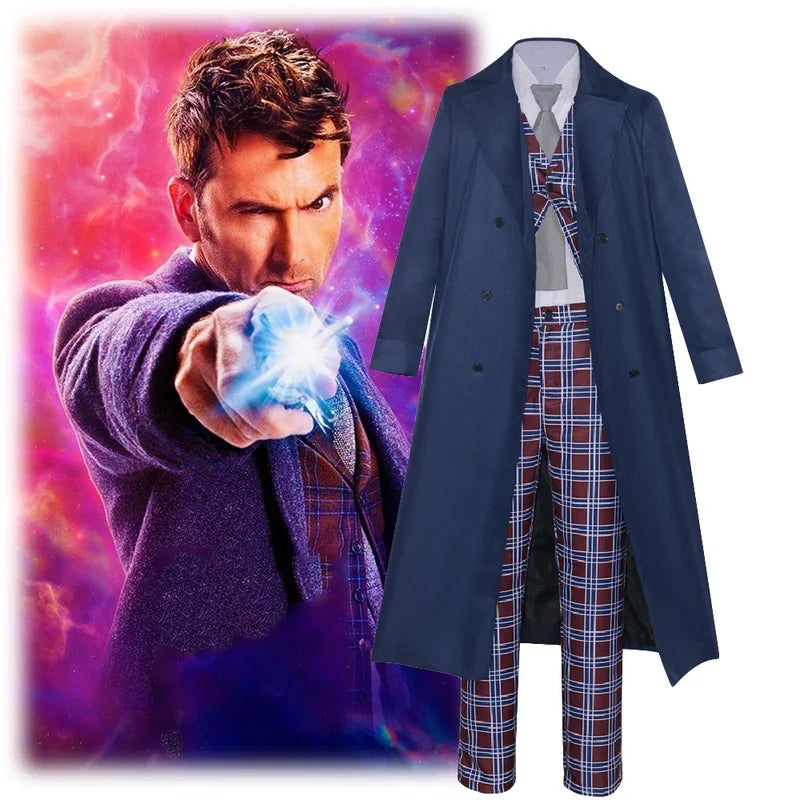 Doctor David Tennant Cosplay Who The Doctor Dark Blue Long Coat Plaid Vest Pant Suit Costume Fancy Halloween Uniform Outfits