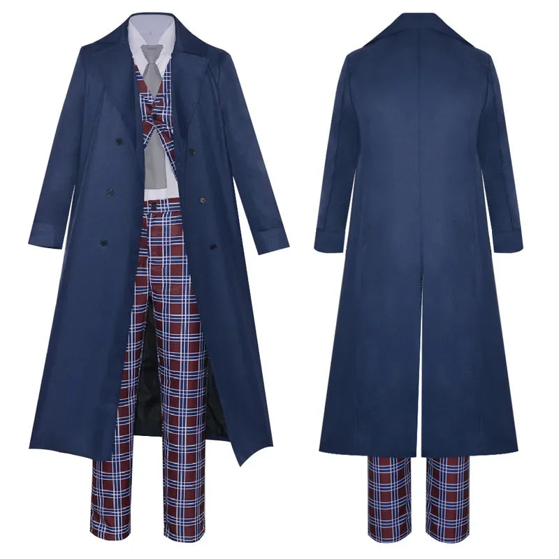 Doctor David Tennant Cosplay Who The Doctor Dark Blue Long Coat Plaid Vest Pant Suit Costume Fancy Halloween Uniform Outfits