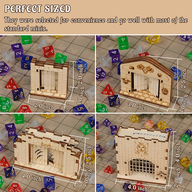 Door & Portcullis Gate Miniatures (Set of 4) Wooden Laser Cut Open and Closed Fantasy Terrain 28mm Scale for  Tabletop RPG