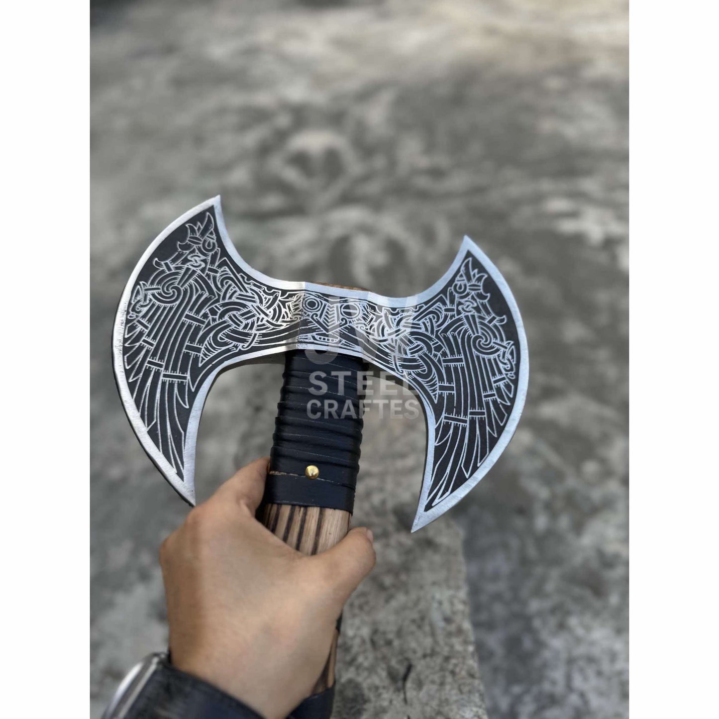 Hand-Engraved Double-Headed Nordic Inspired Decorative Axe