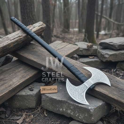 Handcrafted Double-Headed Decorative Axe featuring Nordic-style Engravings and Cord-wrapped Grip