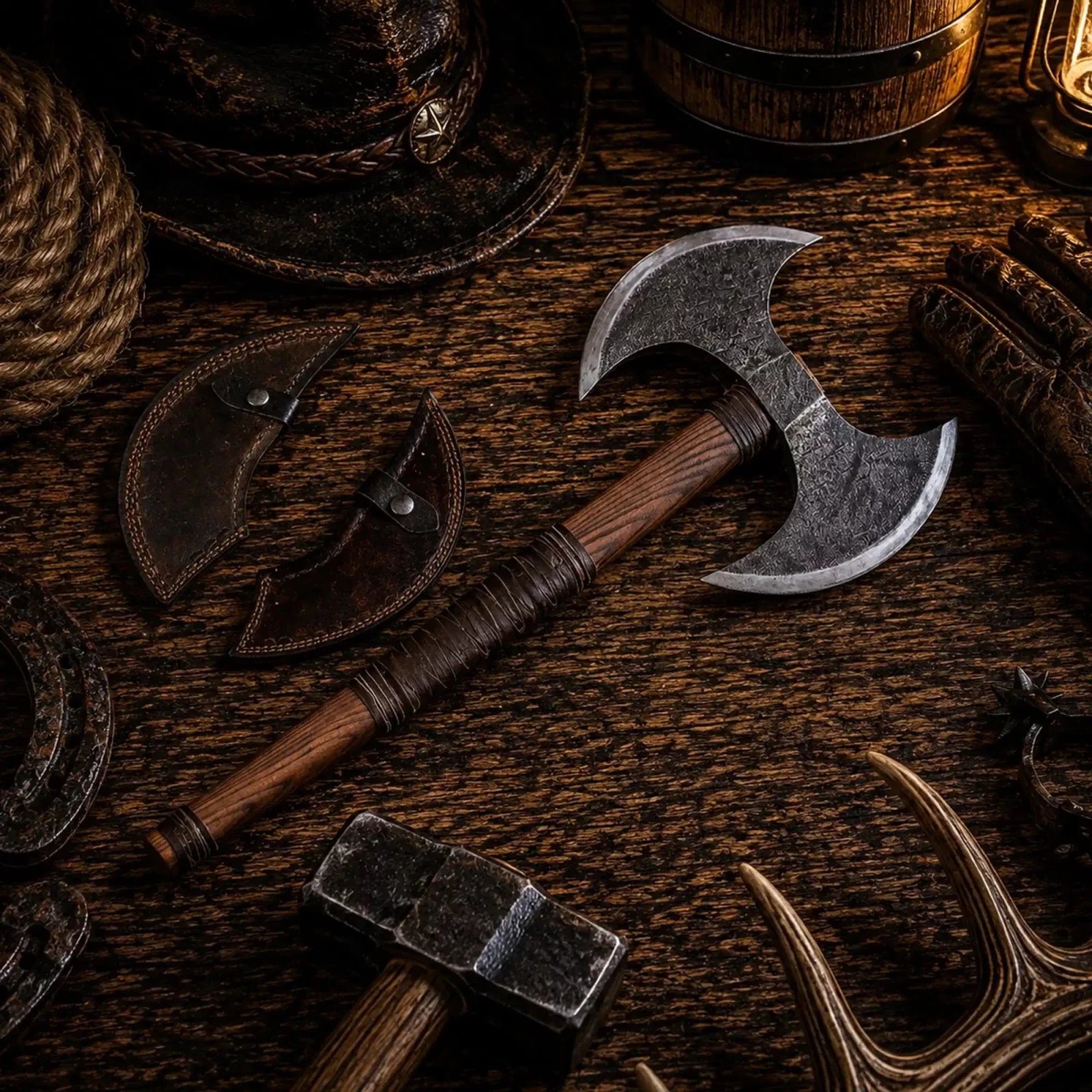 Double-Headed Viking Battle Axe – Forged Carbon Steel & Leather Grip