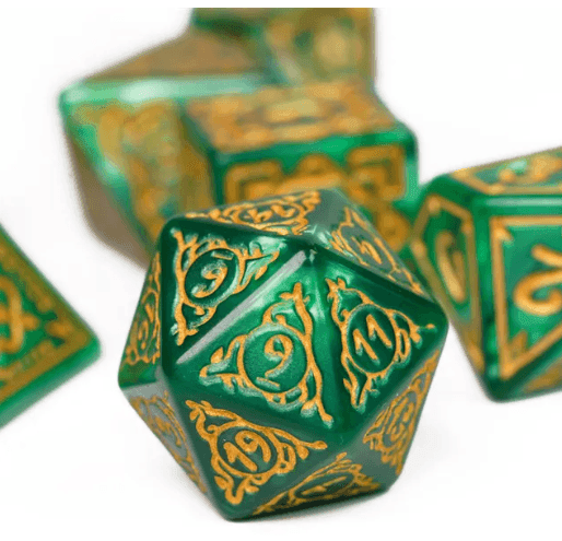 Druid Green Marble Pattern Dice | Green Dice w/Gold Art 7-Dice Set - 