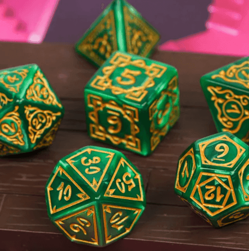 Druid Green Marble Pattern Dice | Green Dice w/Gold Art 7-Dice Set - 