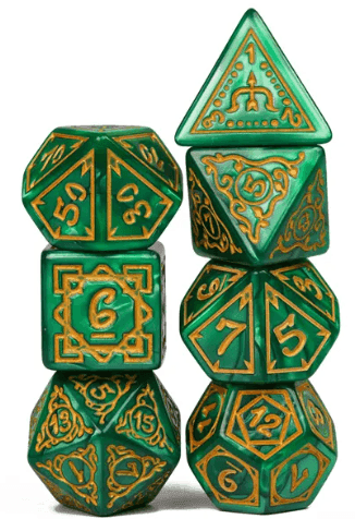 Druid Green Marble Pattern Dice | Green Dice w/Gold Art 7-Dice Set - 