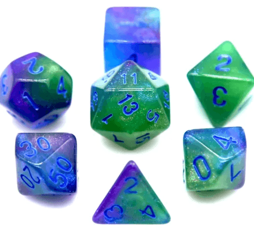 Glowing Sea 7-Dice Set Green/Blue w/Blue Glow-in-Dark Dnd Dice - 
