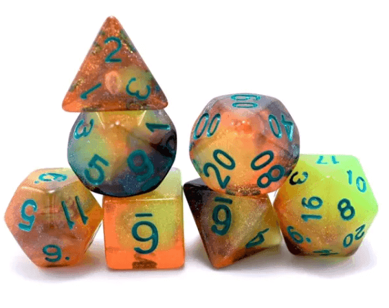 Glowing Galaxy 7-Dice Set Green/Orange w/Green Glow-in-Dark Dnd Dice - 