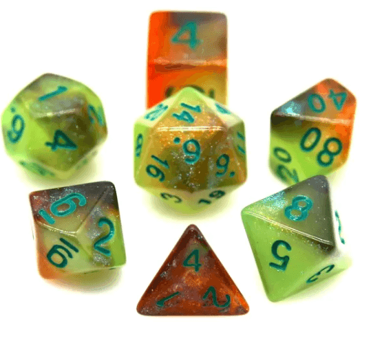 Glowing Galaxy 7-Dice Set Green/Orange w/Green Glow-in-Dark Dnd Dice - 
