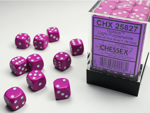 Opaque 12mm d6 Light Purple/white Dice Block™ (36 dice) OOP - 