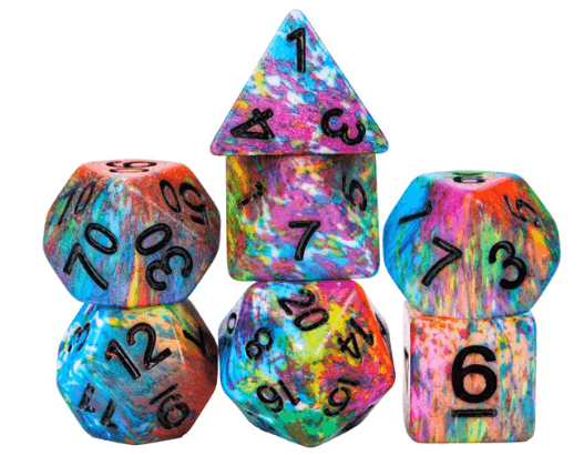Multi-Colour Mix Pattern Dice 7-Dice Set w/Black Dnd Dice Resin - 
